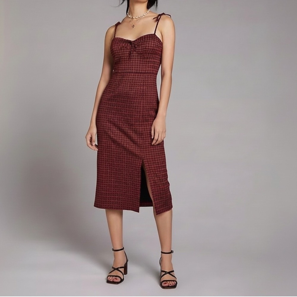 Hutch Sweetheart Bustier Neckline Midi Slit Dress Plaid‎ Red M Fitted Retro Chic